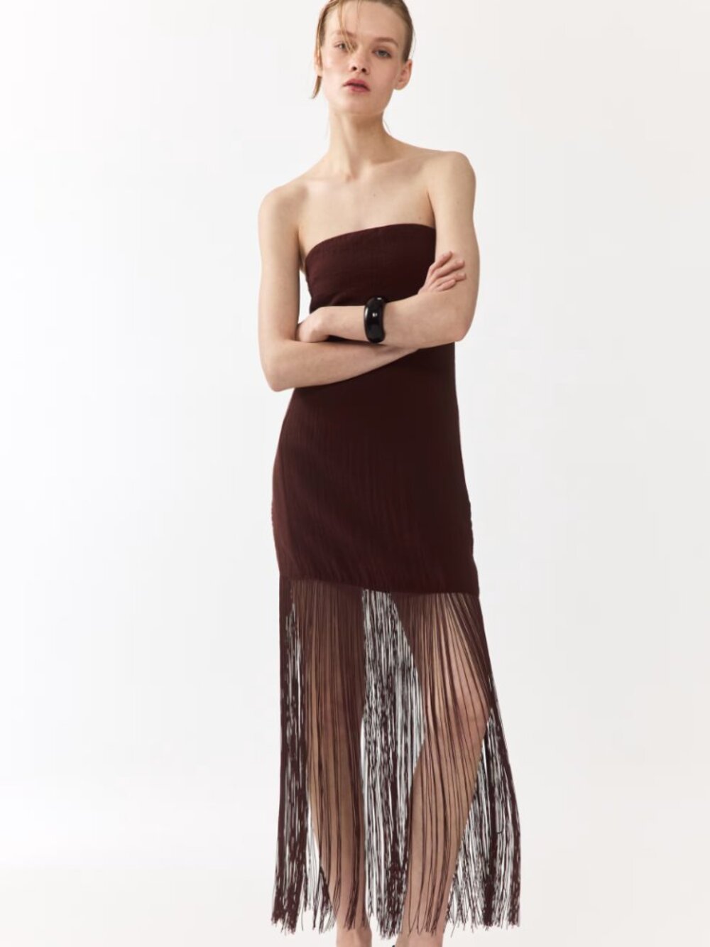H&M Brown Strapless Fringe Dress Sz M